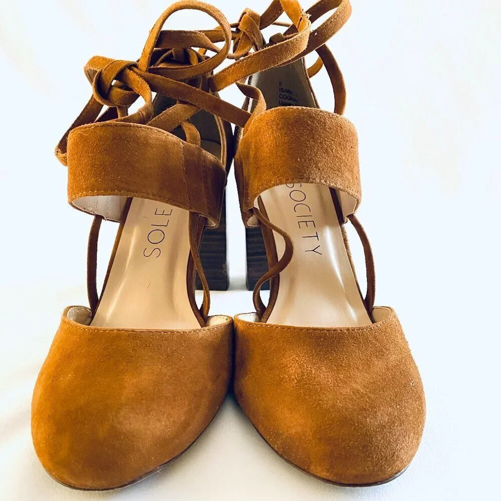 Sole Society Isabelli suede wrap tie block heel Womens Size 8 Cognac brown - Picture 2 of 6